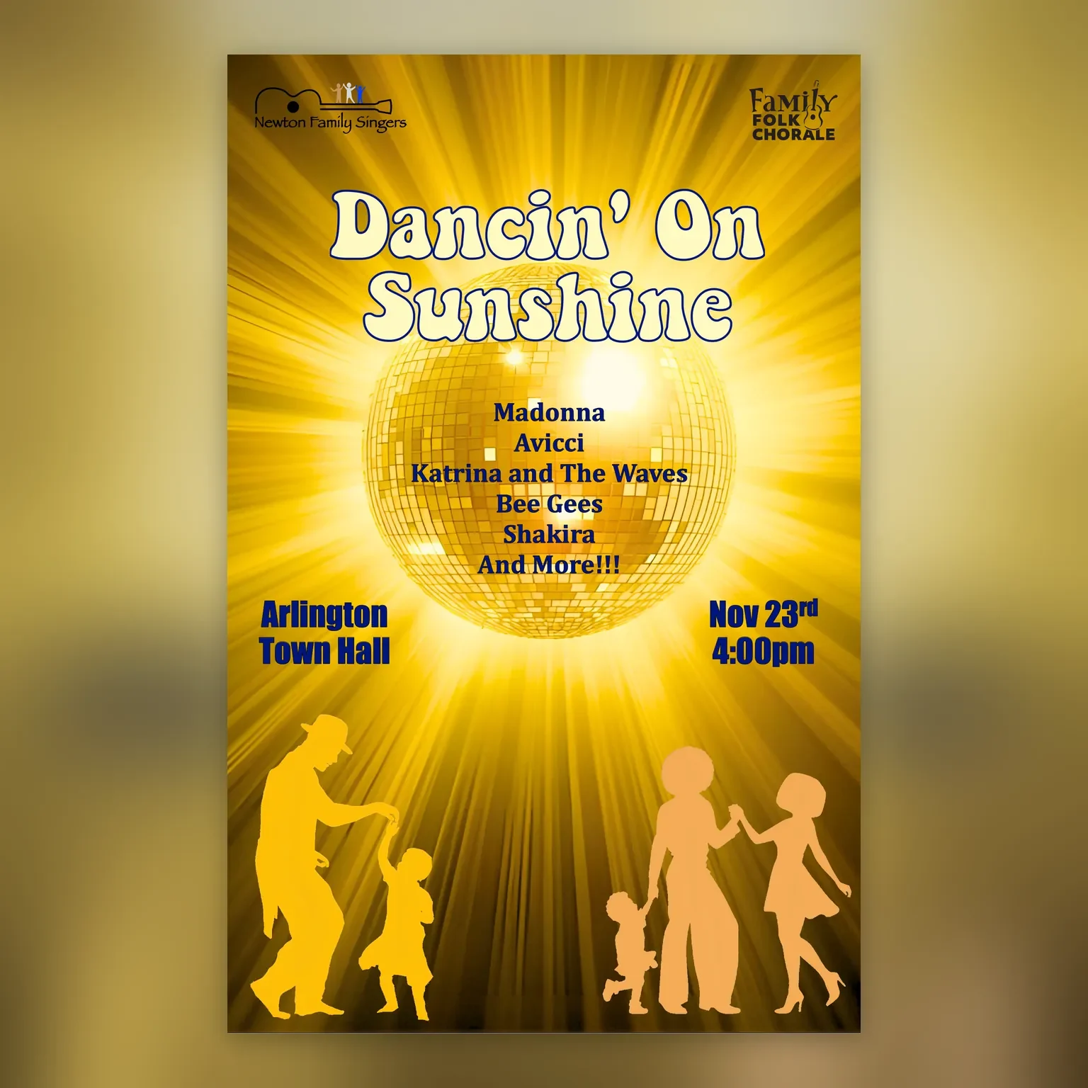 Poster for Dancin' on Sunshine at Arlington Town Hall, November 23, 2025, with the Family Folk Chorale